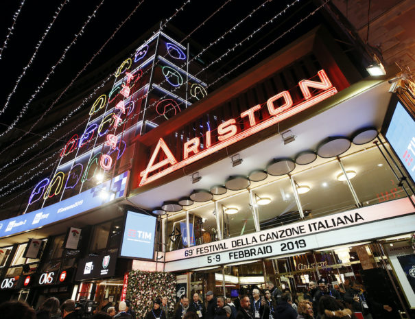 SANREMO, ITALY, February 4, 2019: Night view of the Ariston theatre during the 69th Italian Song Festival in Sanremo, Italy.